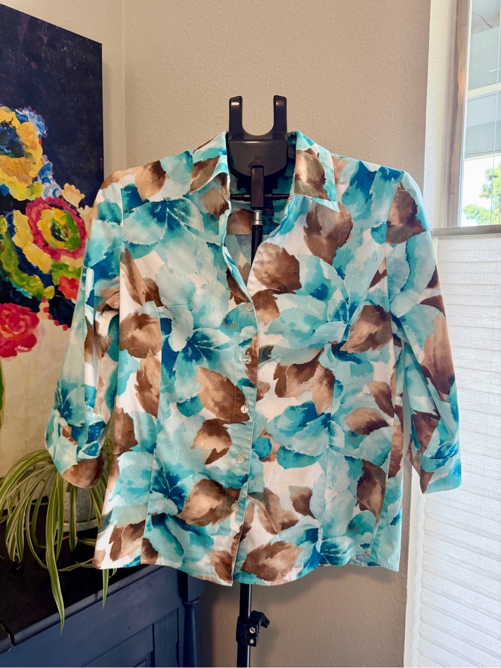 Chico’s Additions Watercolor Floral Button Front Shirt Size 1 (M)